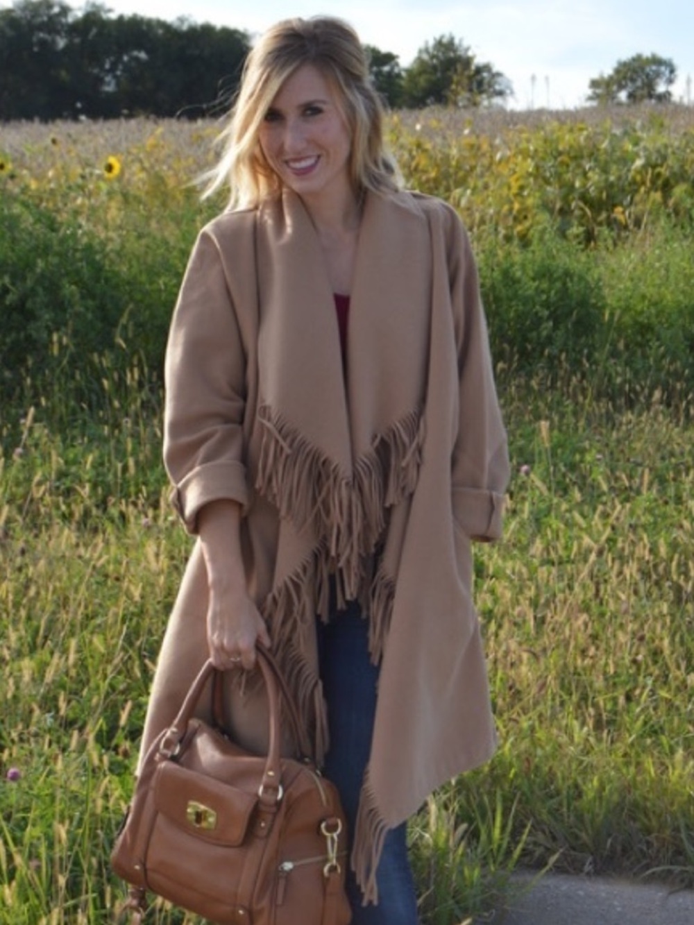 J.O.A. Camel Fringe Open-Front Cape Coat